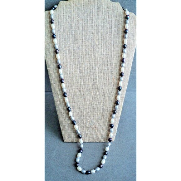Opera Extra-Long 36" Real PEARL NECKLACE Oblong WHITE Silver BLACK 8mm Vintage - Picture 3 of 4